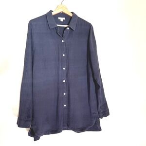 J. Jill Navy Blue Gauze Cotton Button Down Shirt  Womens Med Lagenlook Coastal